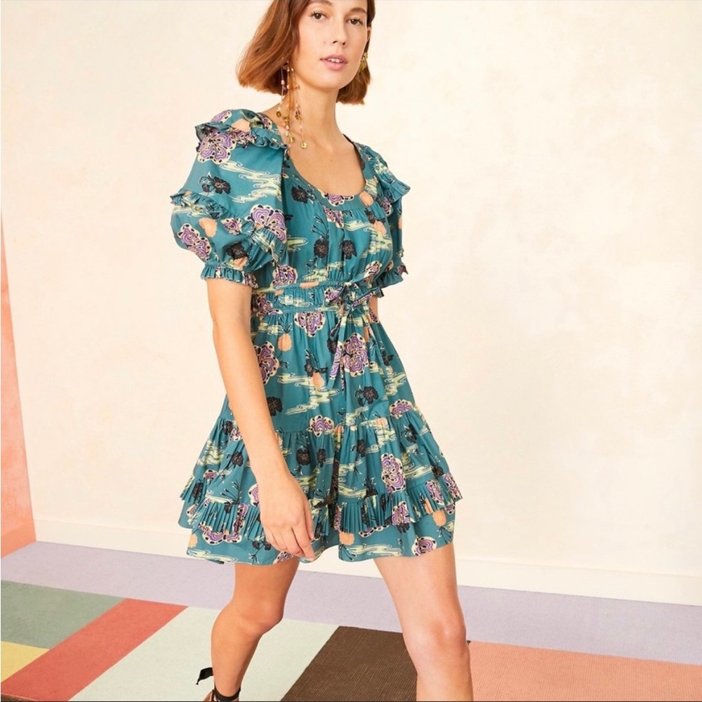 Ulla Johnson Naomi Mini Dress in River New 6 Blue Green Floral Cotton Poplin